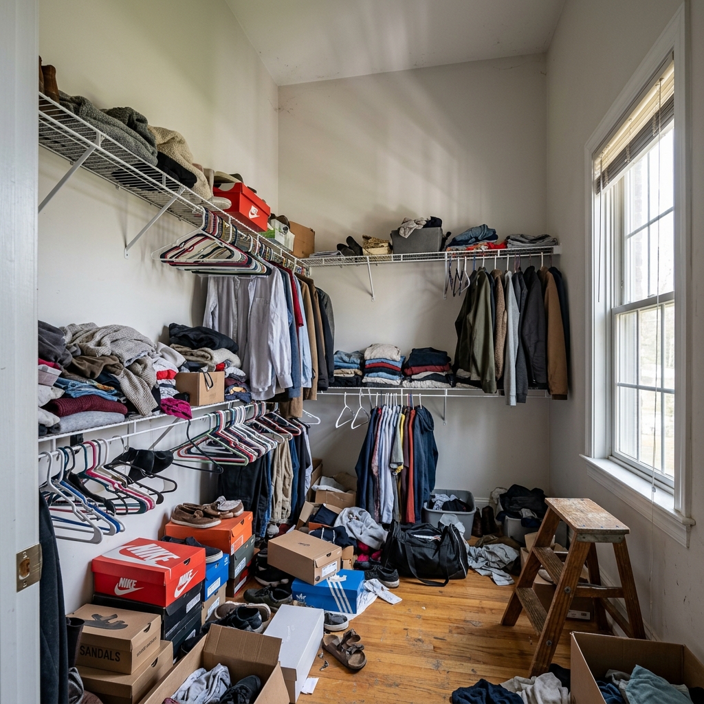 Cluttered Wire Shelving Closet with Step Stool