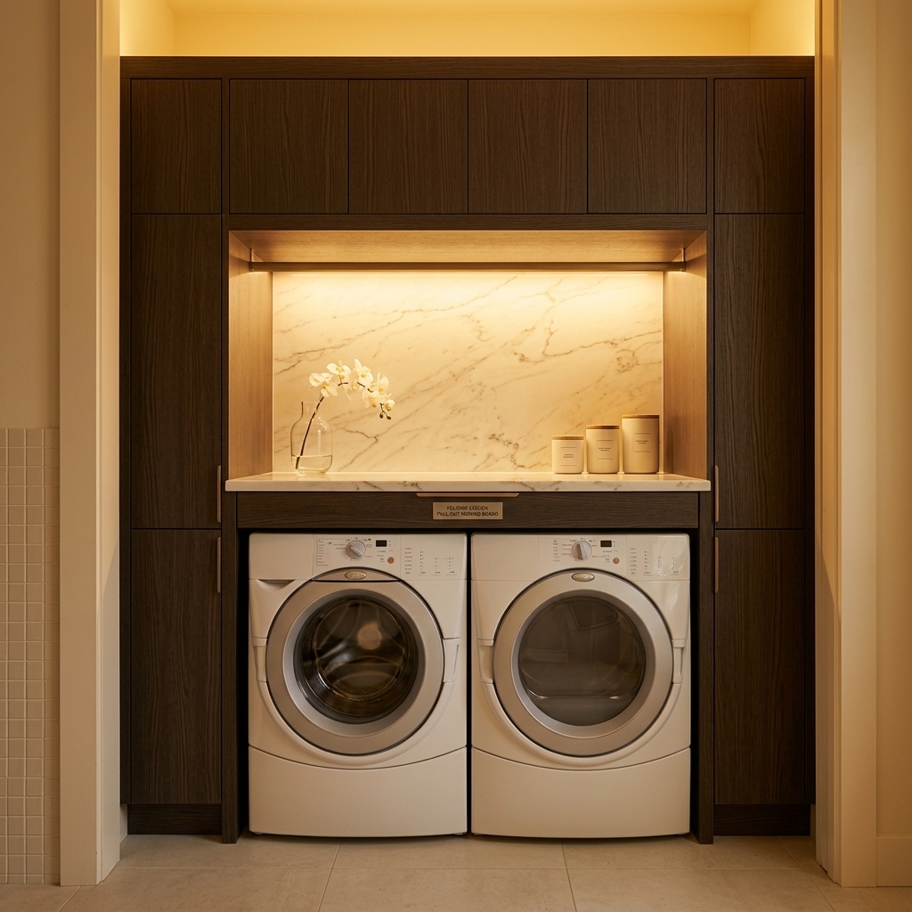 Short Hills, NJ custom laundry room featuring Modernino bespoke dark walnut cabinetry with an integrated, rock-solid hideaway ironing board smoothly deployed from a dedicated drawer.