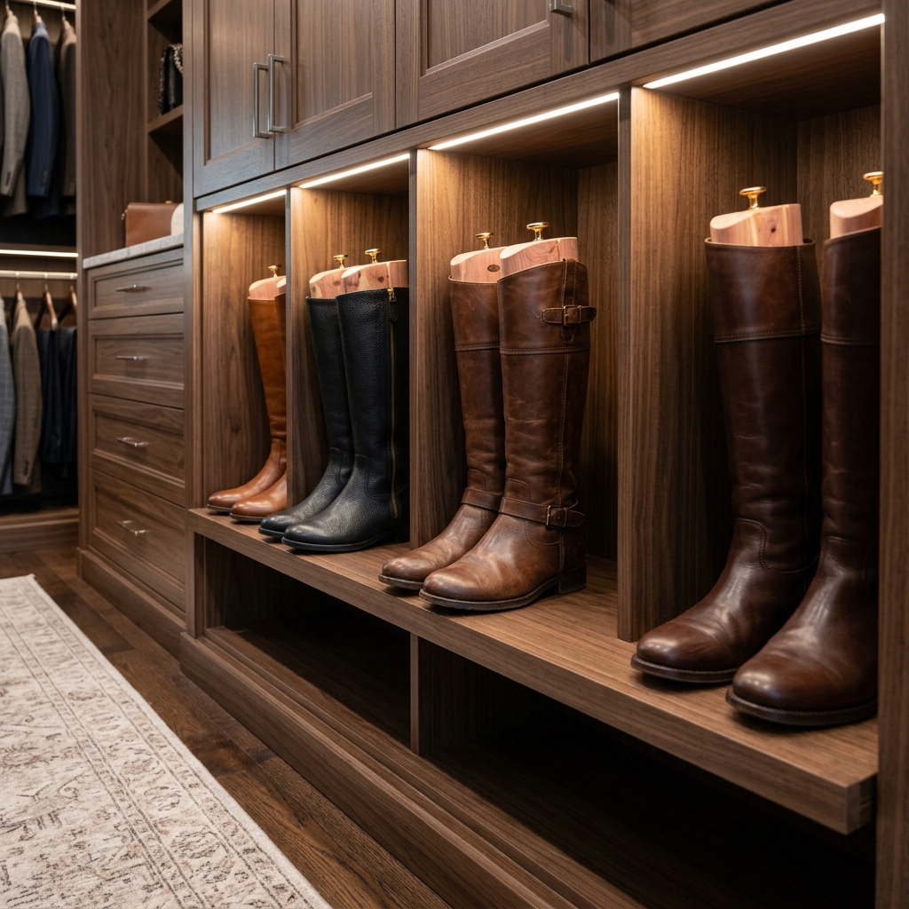 Concealed tall boot shelves in Smoked Walnut cabinetry
