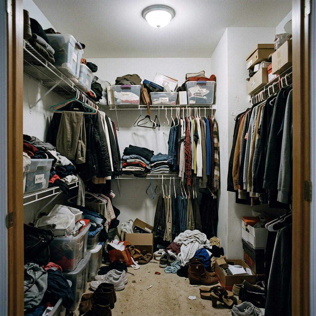 Chaotic sagging builder-grade wire shelves with clutter and dim lighting