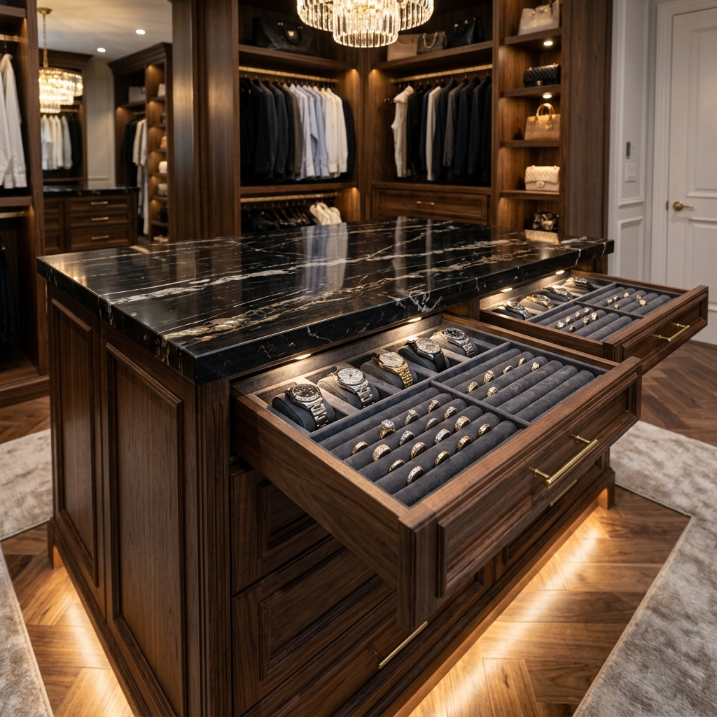 Executive neckwear curation in walk-in closet island