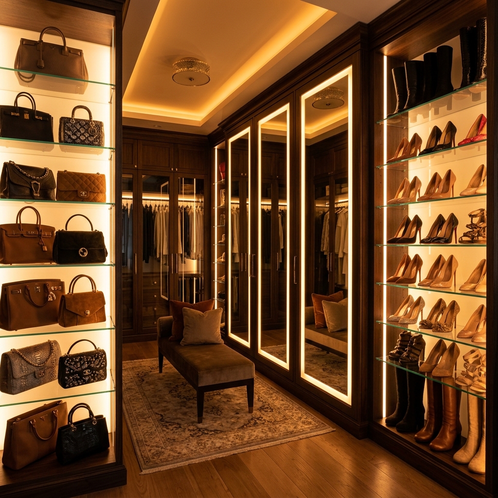 Walk-in boutique closet in Tribeca NYC and Alpine NJ featuring backlit low-iron LED glass shelving for handbags and footwear