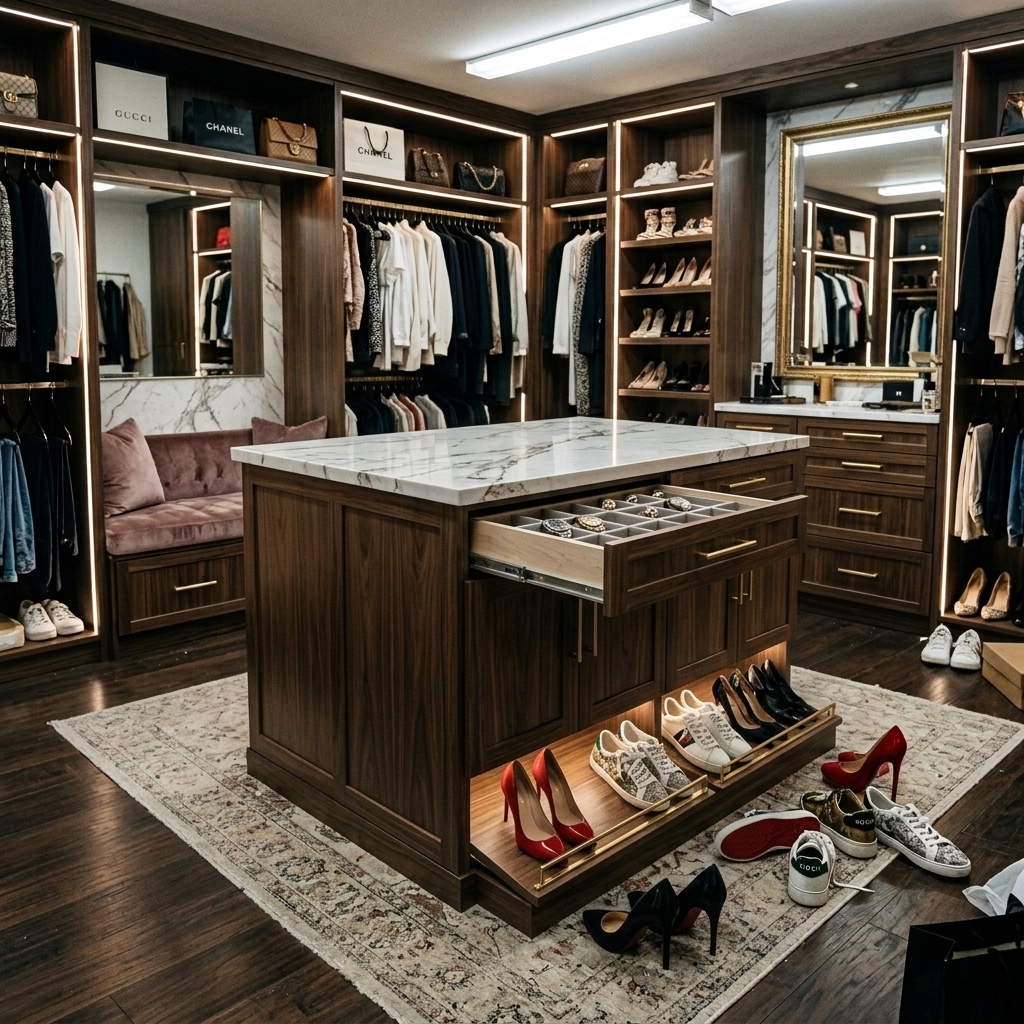 Bespoke Modernino Walk-in Closet with Marble-Topped Walnut Island