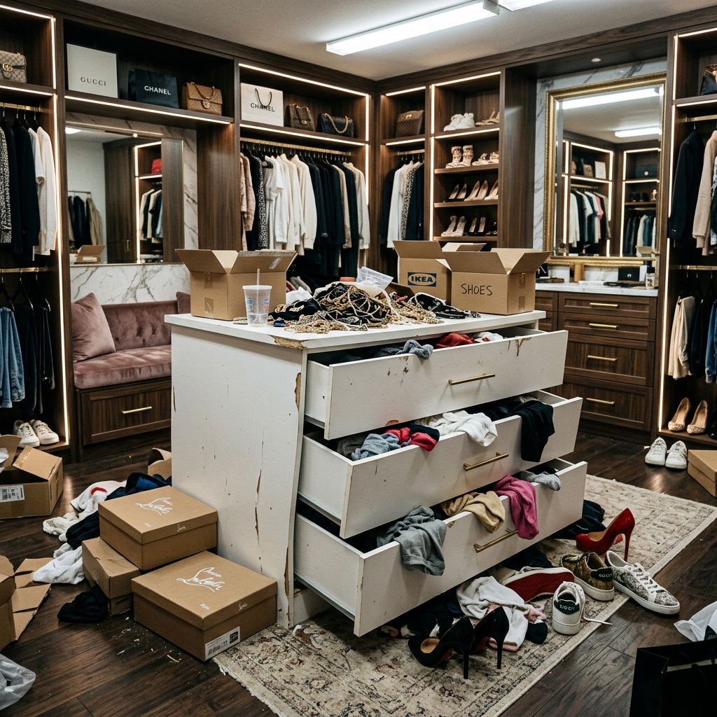 Cluttered Dressing Room with Peeling Dresser and Boxes