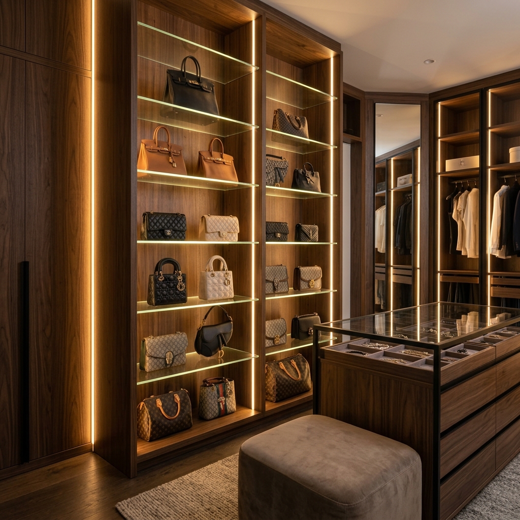 High-definition, wide-angle shot of a boutique-style walk-in closet with backlit glass shelves showcasing designer handbags