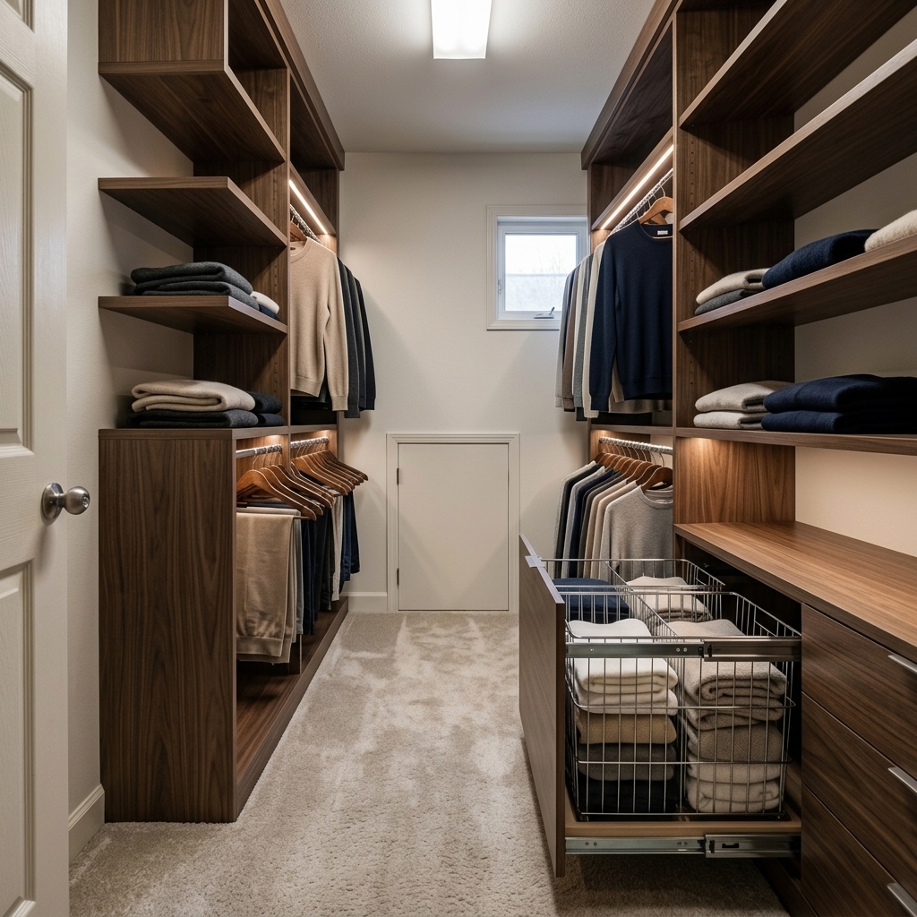 Custom wood hamper cabinetry in Smoked Walnut finish