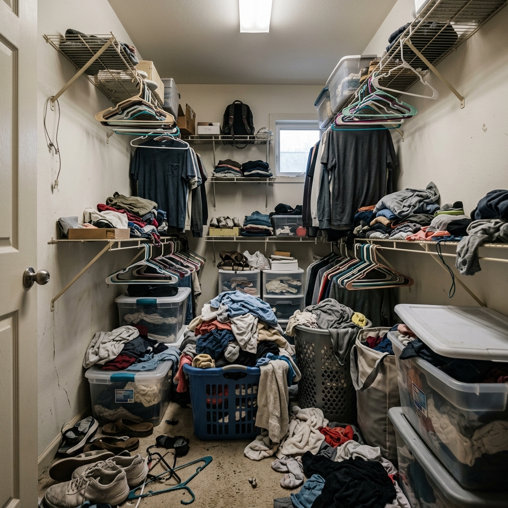Messy closet floor with plastic wire racks