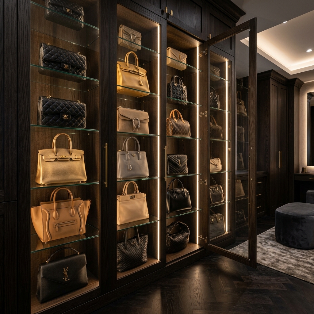 Luxury handbag storage cabinet shelves with integrated LED backlighting