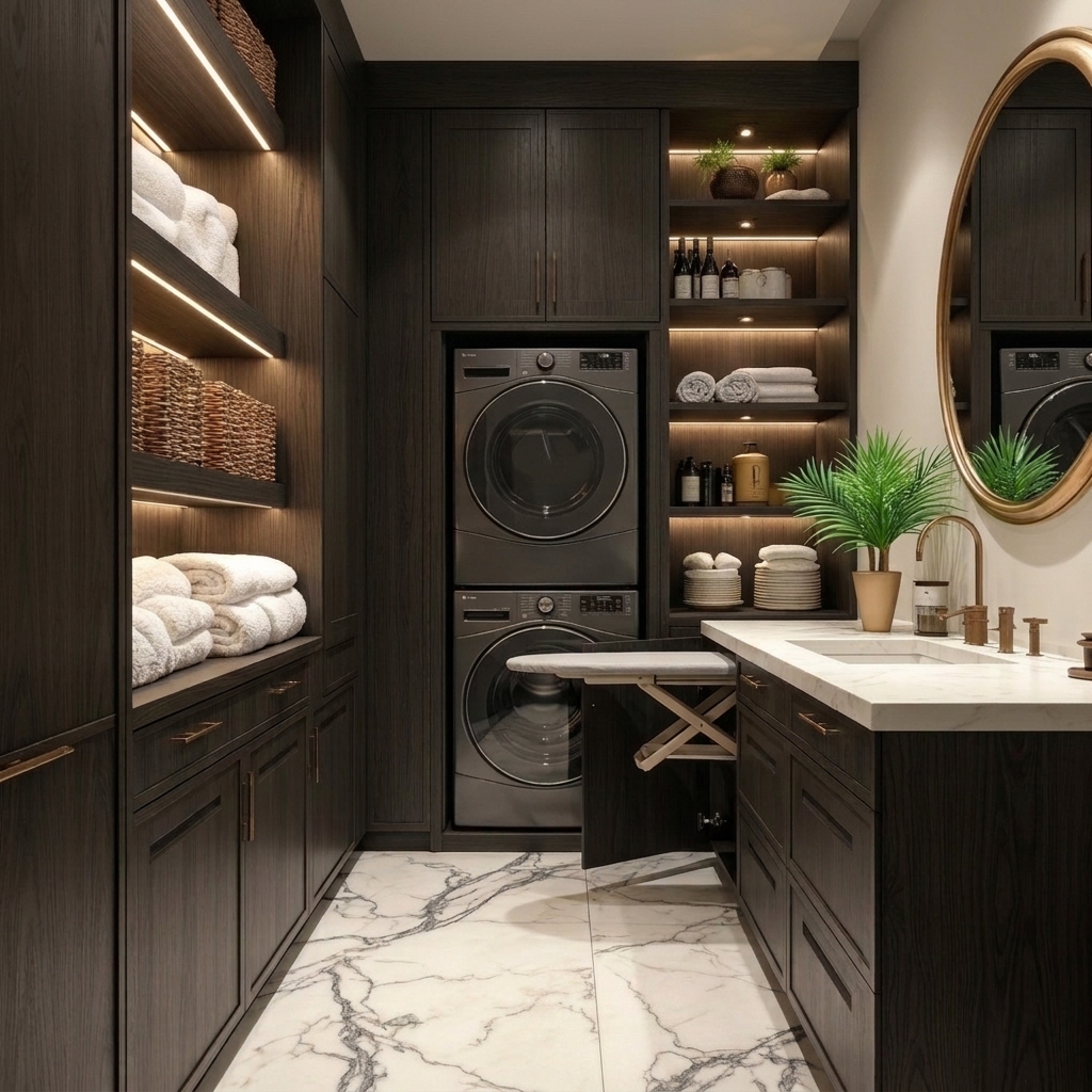Bespoke Modernino dressing island featuring an integrated hideaway ironing board extending seamlessly from a dark walnut drawer with warm LED illumination.