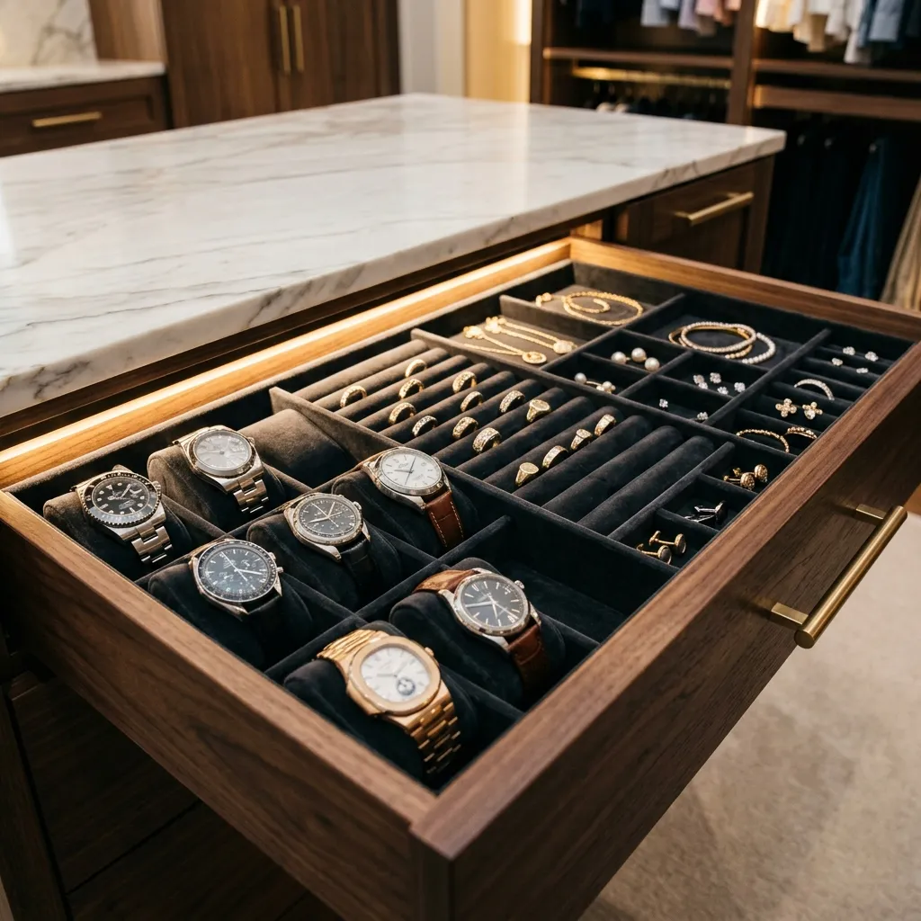 Velvet lined jewelry drawer inserts organizing rings and necklaces inside custom closet drawers