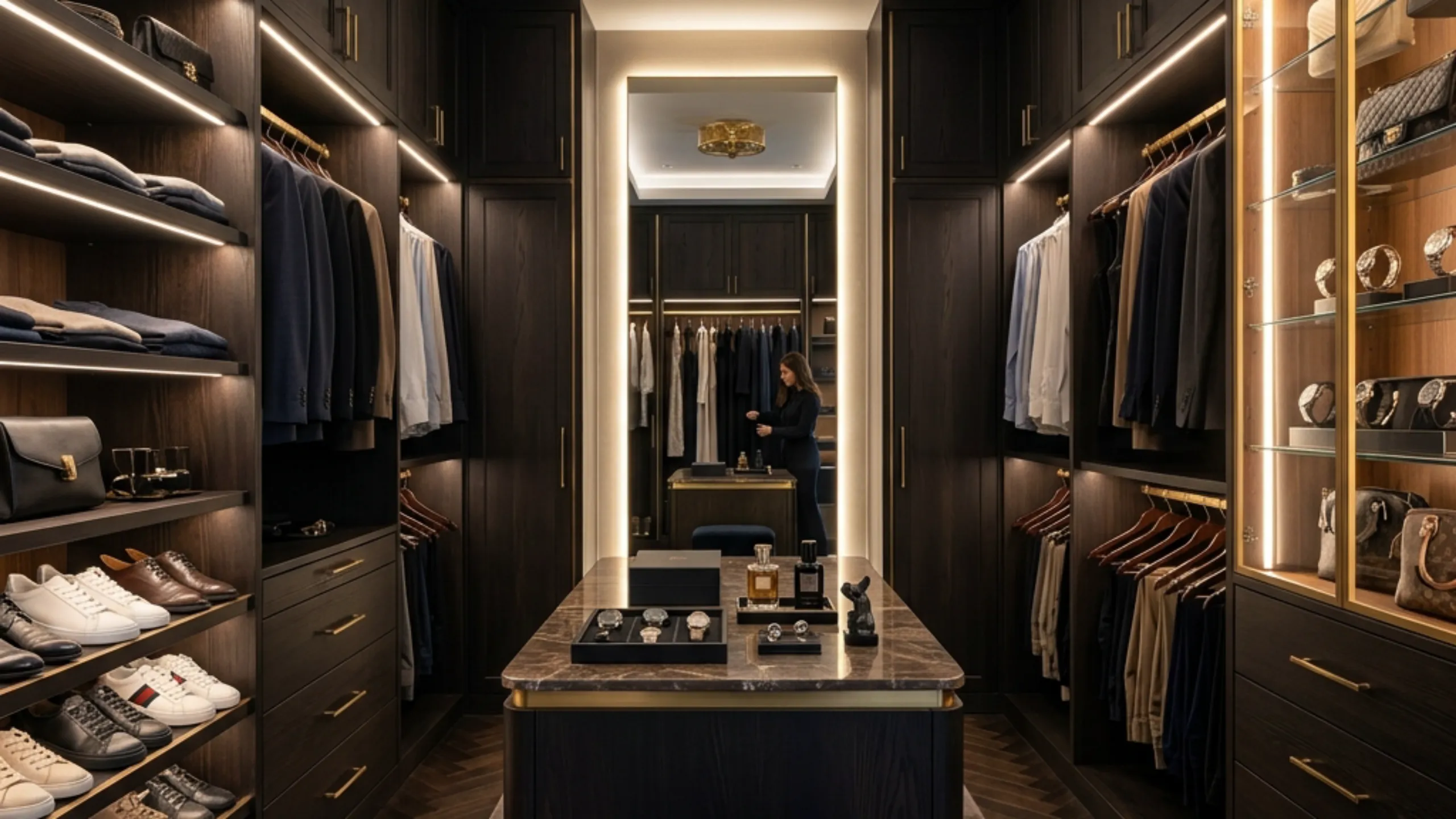 Custom-milled Pareve neutral pantry tower in Riviera Sand oak finish with champagne gold pulls, pull-out dry-goods bins, and sealed air-gap bulkhead separating adjacent columns.