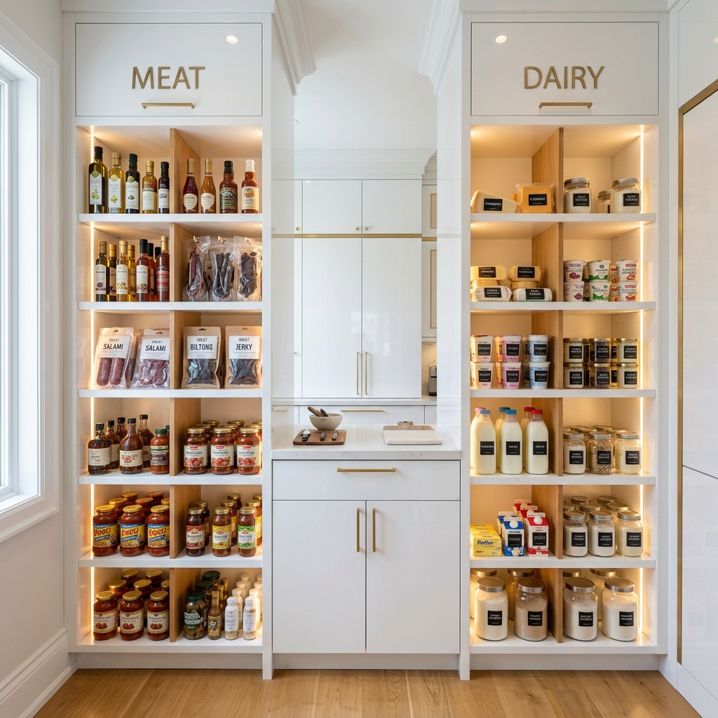 High-capacity kosher walk-in pantry with bulk matzah crates in Lakewood NJ residence