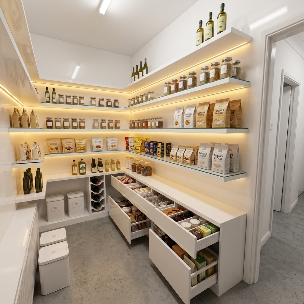 After: Architectural kosher pantry in Alpine NJ featuring smoked walnut cabinetry and 3000K LED lighting
