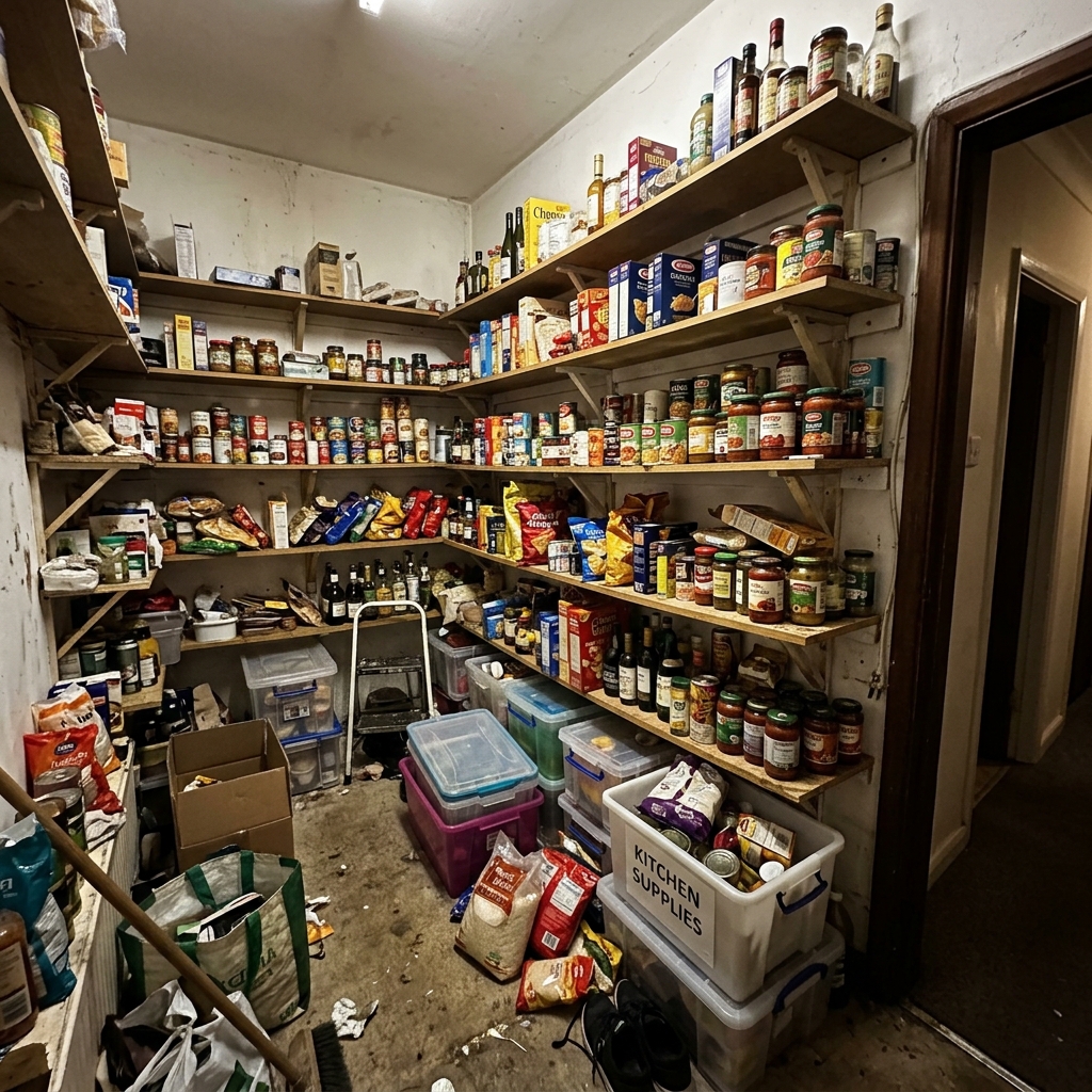 Before: Cluttered builder-grade pantry with deep inaccessible corner shelves