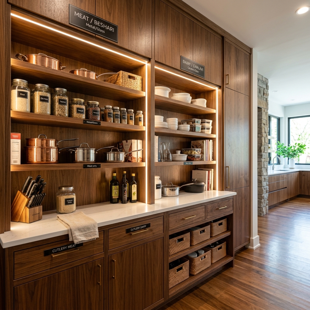 Architectural walk-in kosher kitchen pantry in New Jersey with Smoked Walnut meat column, Lummia White dairy column, and 3000K recessed shelf LEDs.