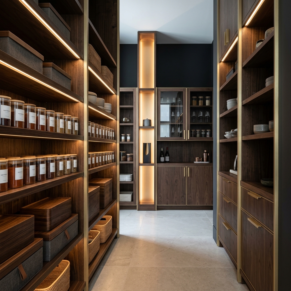 Calm Architecture of the Void kosher scullery pantry contrasting clean zero-seam cabinetry planes against everyday kitchen clutter.