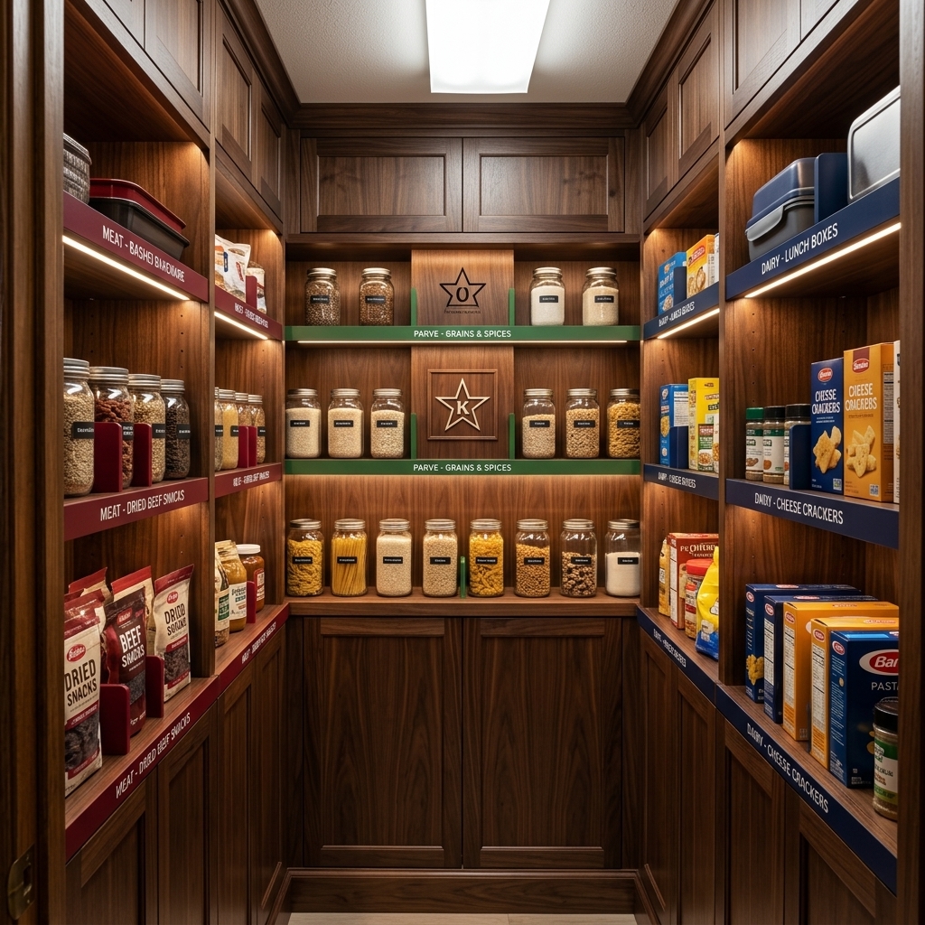 After: Modernino custom kosher pantry with dedicated meat, dairy, and parve zones