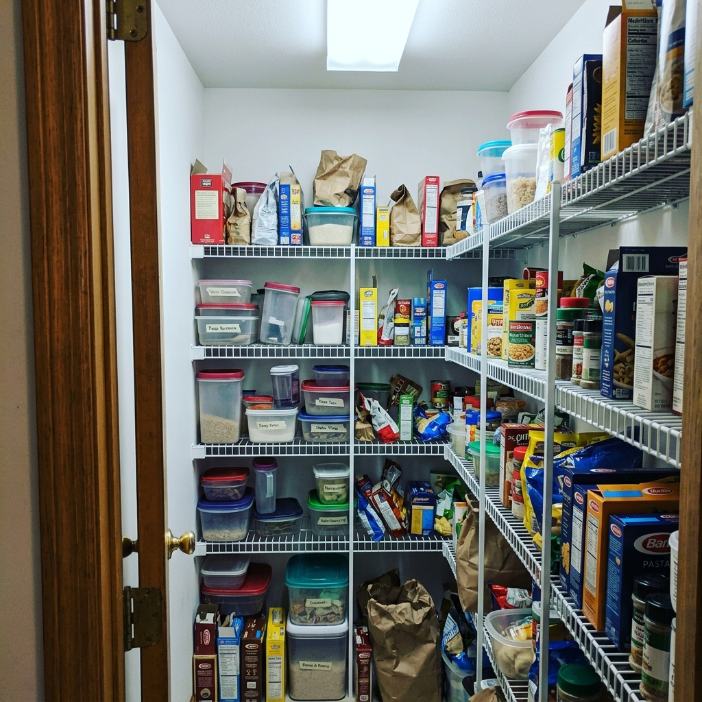 Before: Cramped New Jersey pantry with bowing wire shelves and disorganized grocery boxes