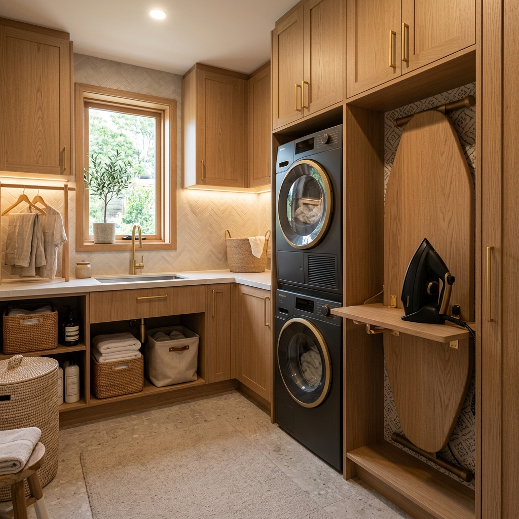 Minimalist luxury laundry room featuring integrated dark walnut cabinetry and flush-mounted retractable pressing station.