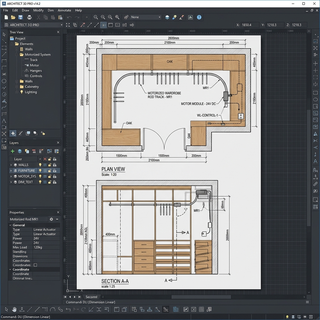 CAD Blueprint of Motorized Closet Rod Installation