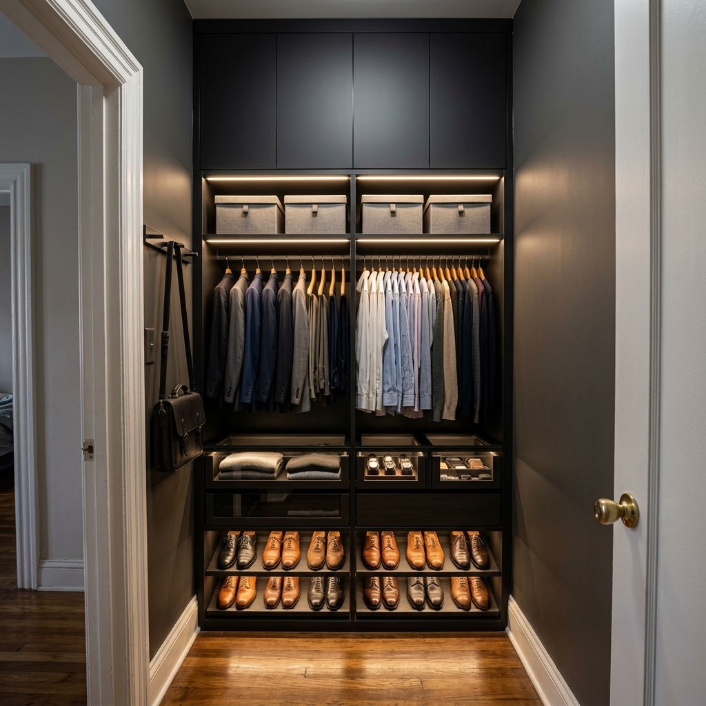 Hoboken custom pre-war reach-in closet with upper cabinets, sliding valet rails, and sliding barn door reveal after installation