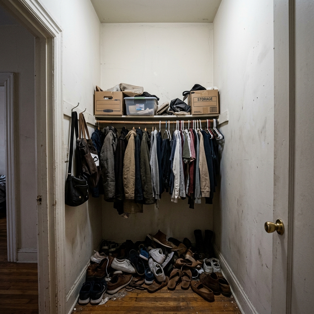 Hoboken pre-war apartment reach-in closet before layout showing single rail with wasted height
