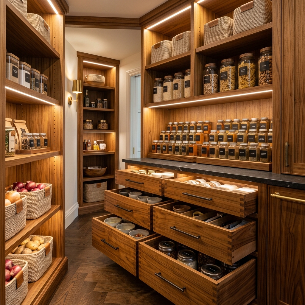Custom architectural pantry shelving with full-extension drawers