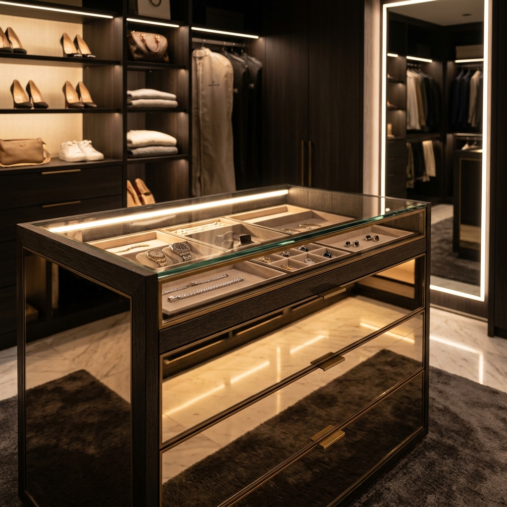 Modernino bespoke backlit LED glass shelving and illuminated center island in Raven Oak