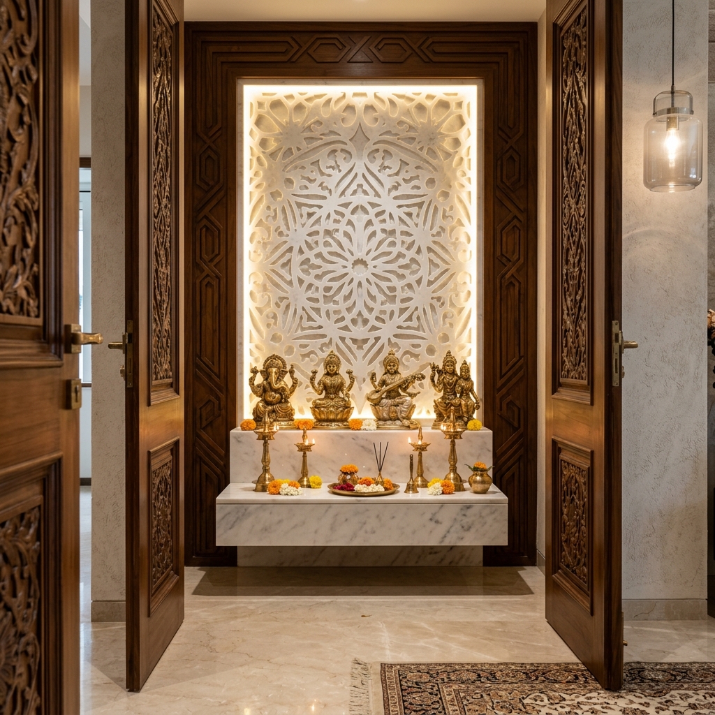 Bespoke prayer sanctuary custom cabinetry with teak and brass accents