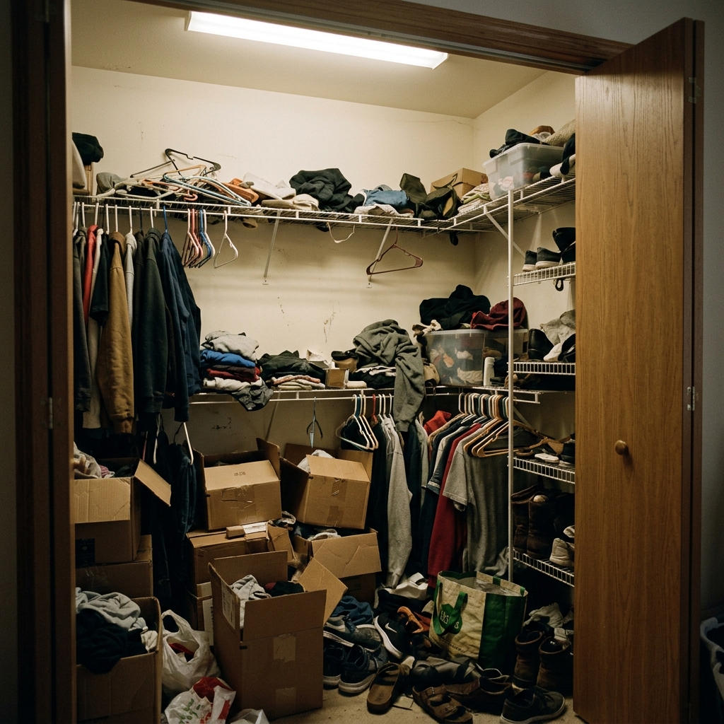 Cluttered dark closet before Modernino installation