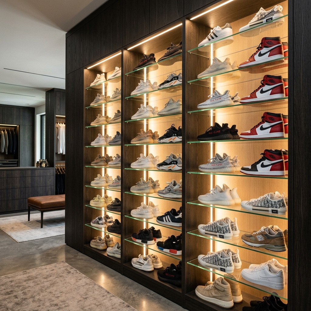 Custom shoe display wall with integrated LED profiles displaying collector sneakers