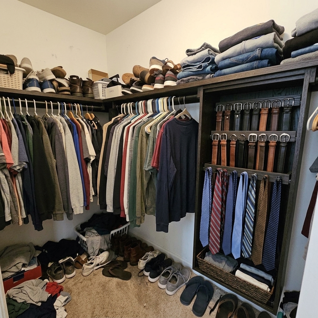 After: Modernino bespoke pull-out tie and belt rack in Raven Oak wardrobe