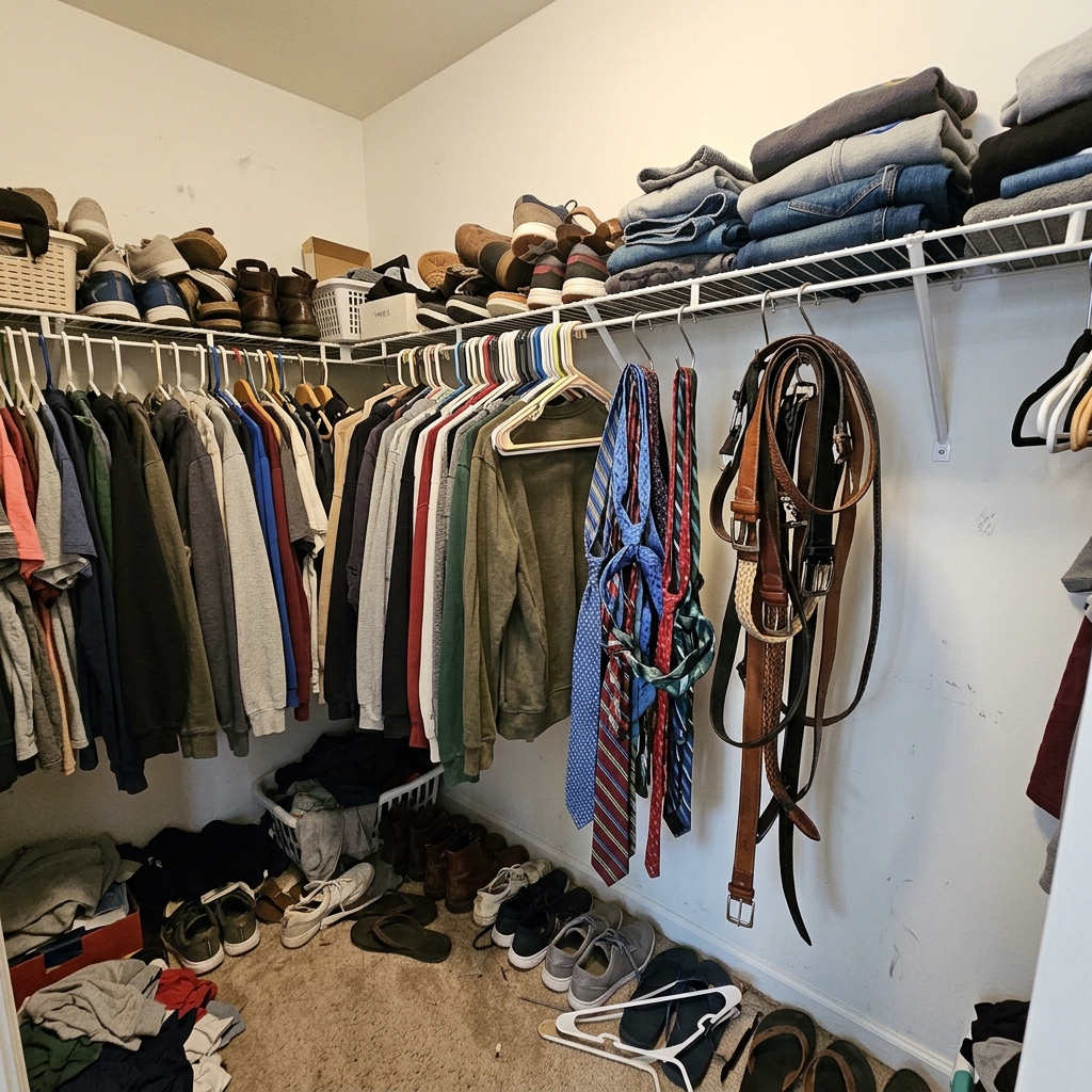 Before: Tangled, wrinkled ties in overcrowded drawer