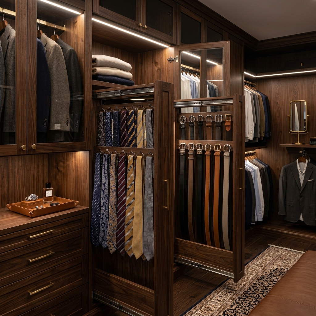 Modernino bespoke pull-out tie and belt rack in smoked walnut wardrobe with brushed champagne gold hardware