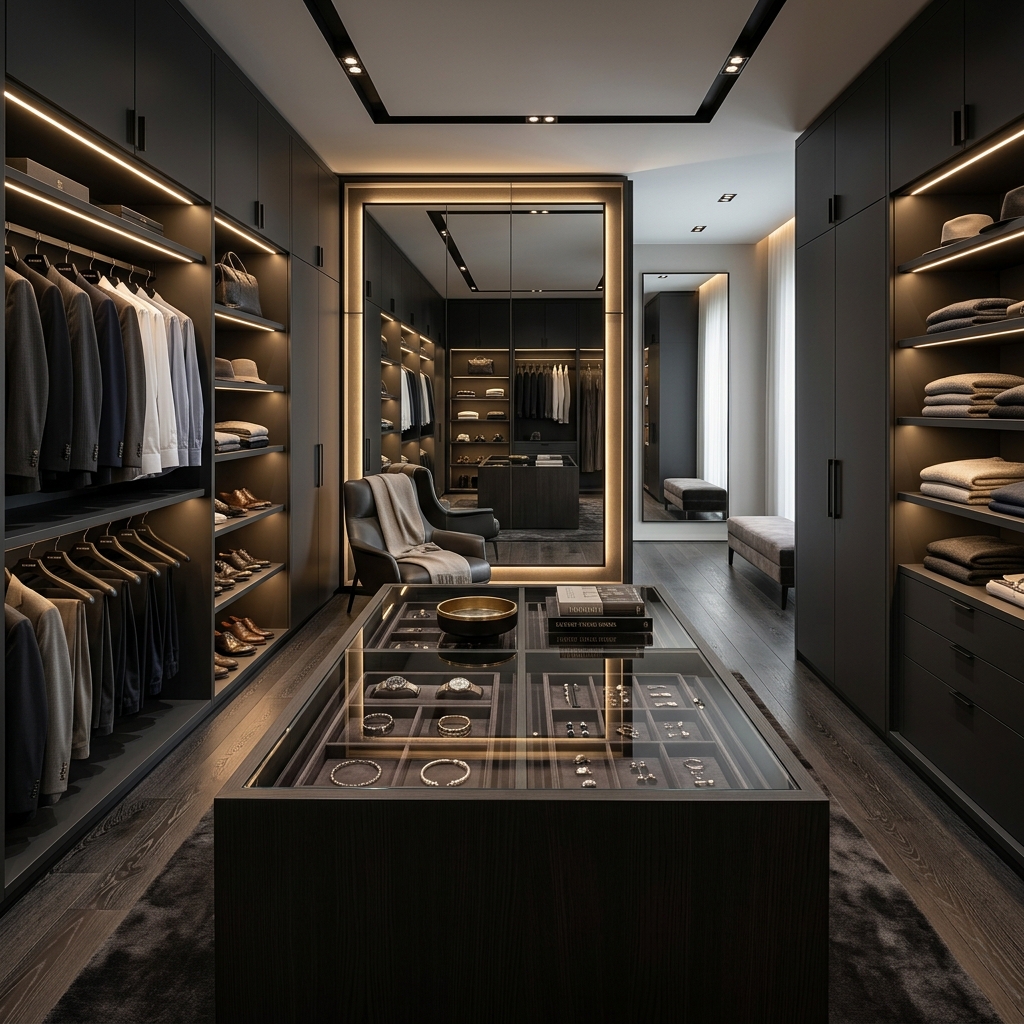Detailed view of luxury silk neckwear organized on smooth Modernino accessory rails