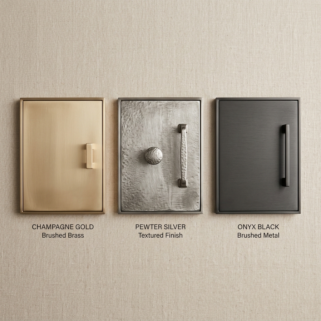 Modernino architectural finish swatches including brushed champagne gold and matte obsidian