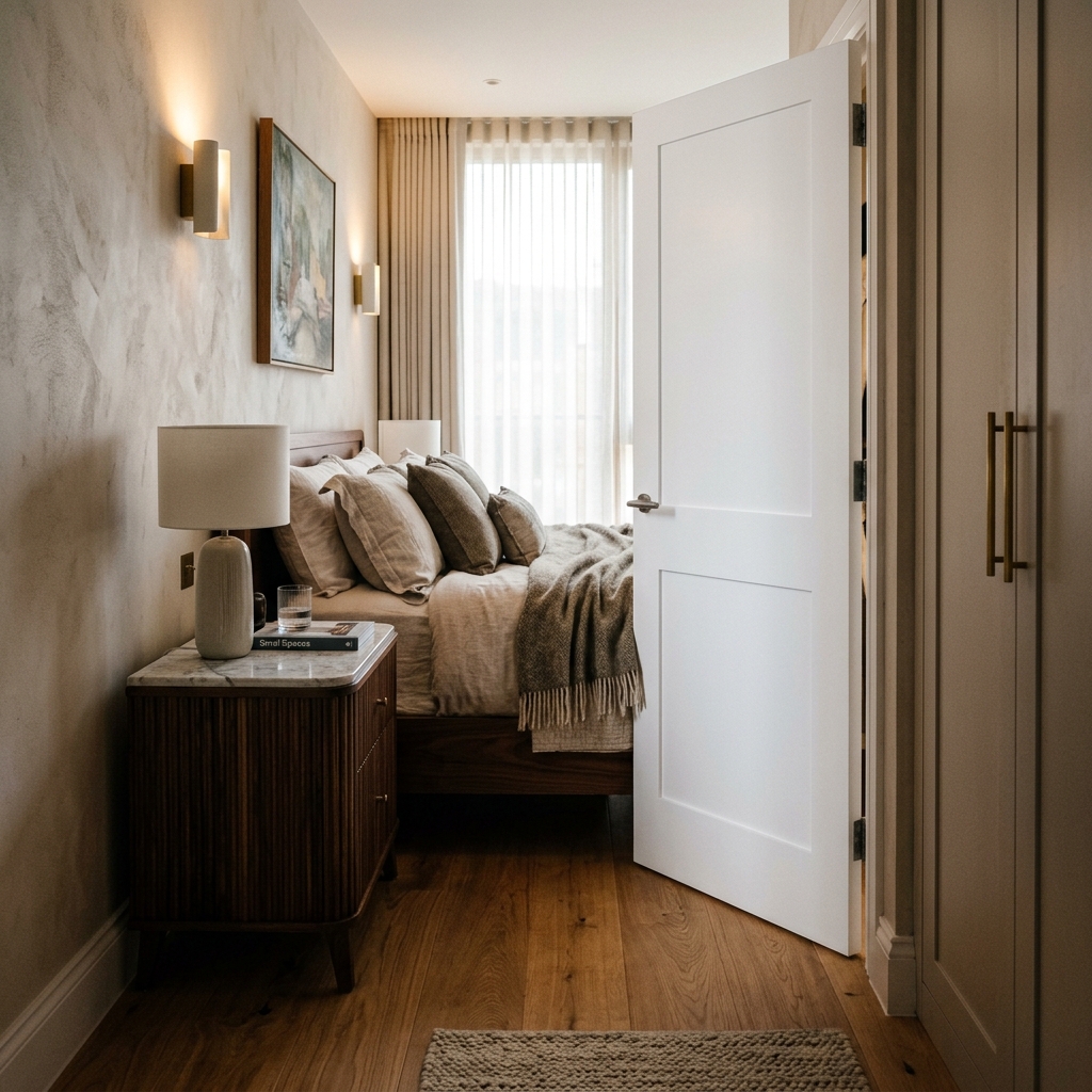 Cramped bedroom doorway showing traditional swing door colliding with bedside nightstand and blocking walk-in closet shelving access.