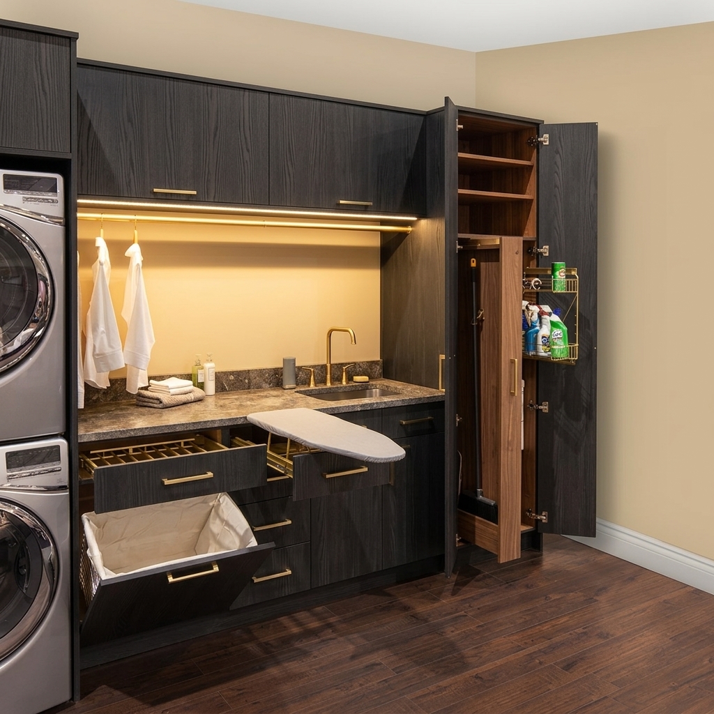Custom dedicated laundry room with hideaway ironing board drawer and built-in hampers in Alpine, NJ.