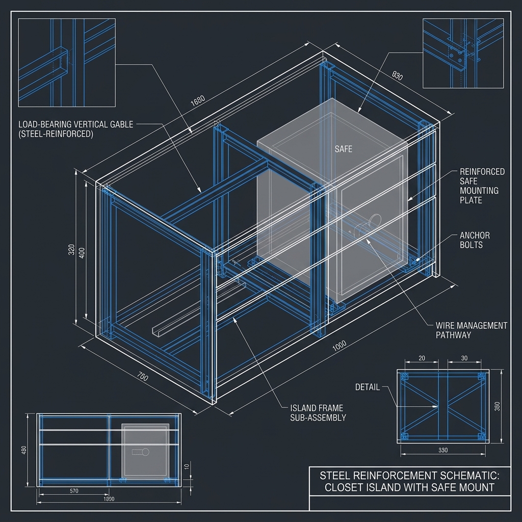 Steel-Reinforced Framing Schematic CAD Blueprint for Custom Closet Island with Safe Mount