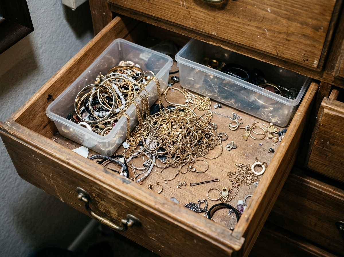 Cluttered shallow wooden drawer filled with tangled gold necklaces, loose earrings, and shifting clear plastic boxes