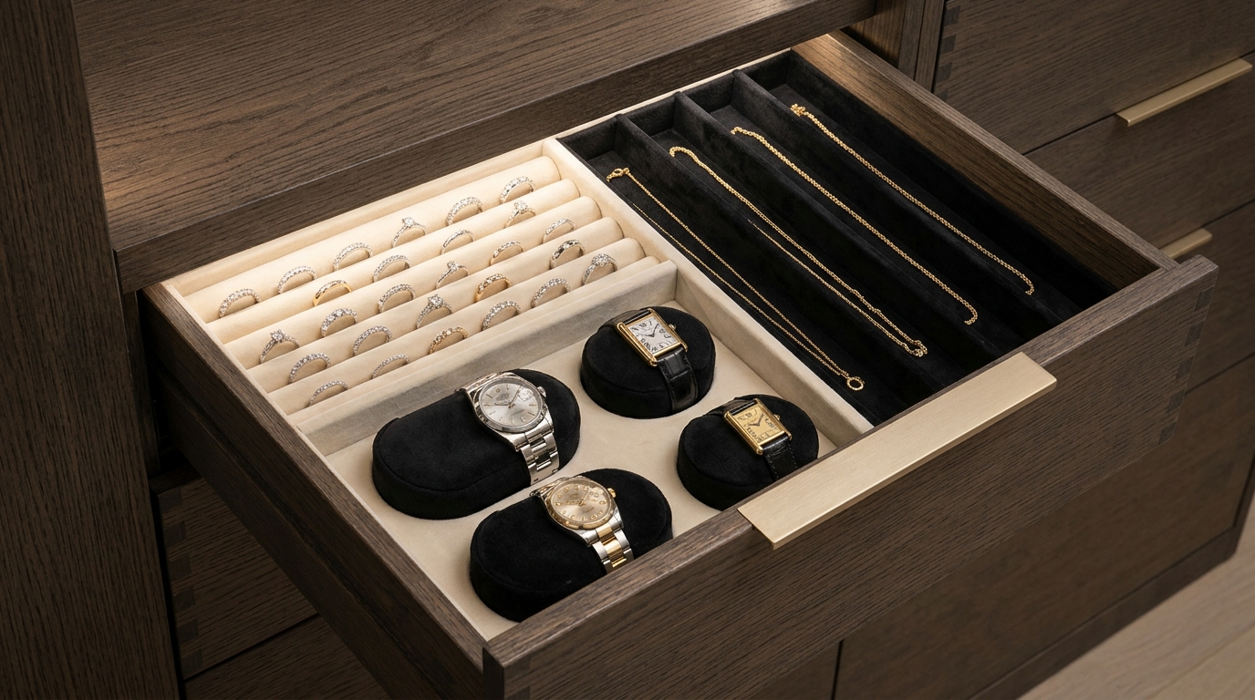 Custom smoked walnut walk-in closet island drawer open to reveal Modernino obsidian anti-tarnish micro-suede watch cushions, tension ring rows, and warm 3000K LED strip beneath a Calacatta marble top