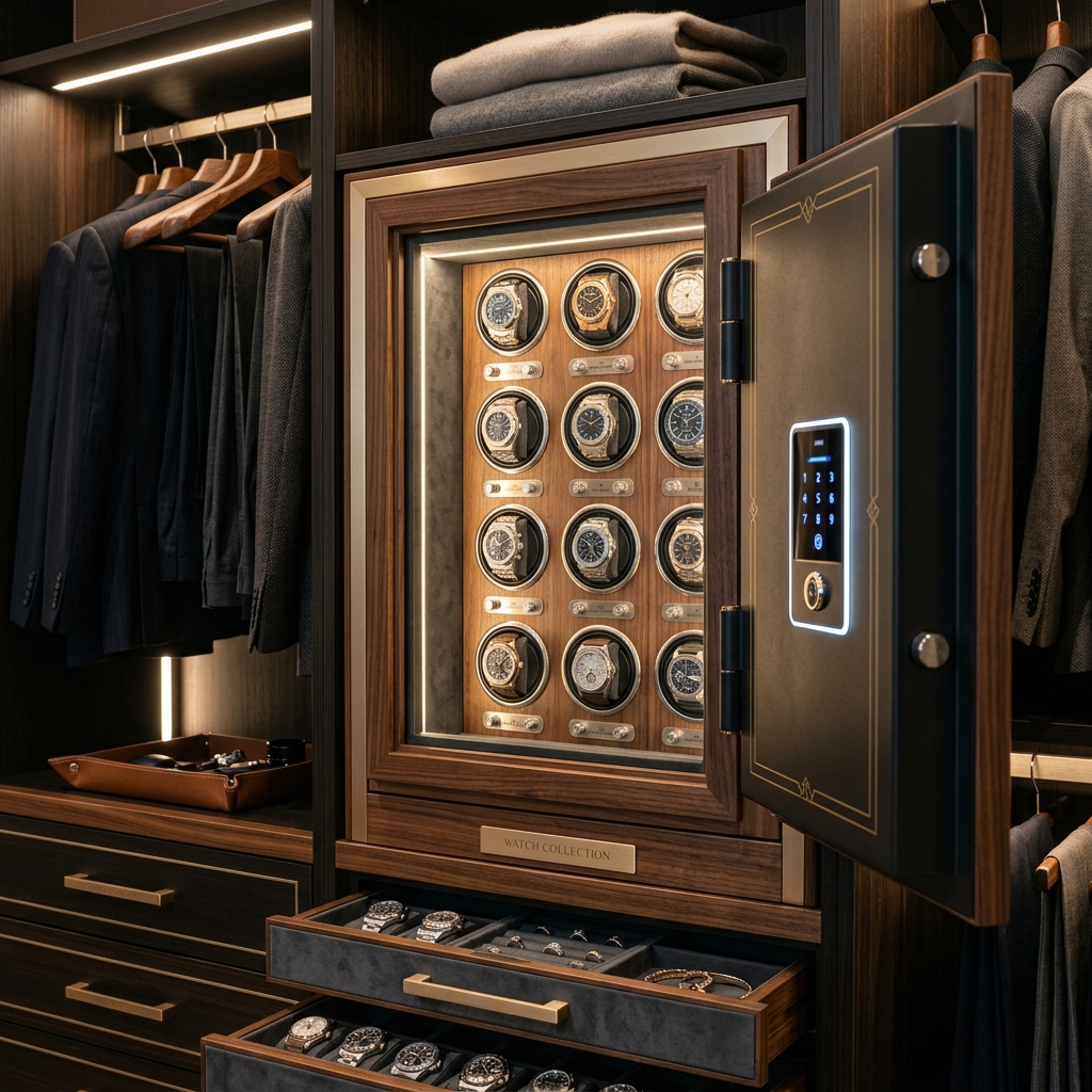 Bespoke watch winder safes and secure velvet jewelry inserts inside custom closet island
